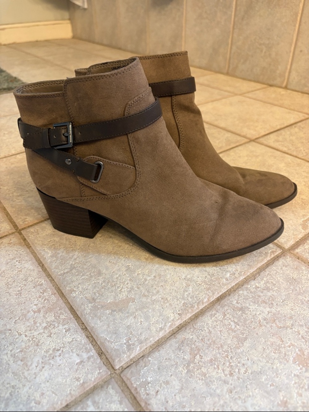 Unisa Taupe Suede Ankle Boots with Dark Brown Buckle Strap